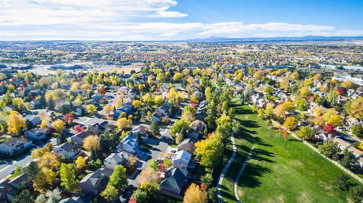 Aerial view of residential neighborhood in the Autumn.